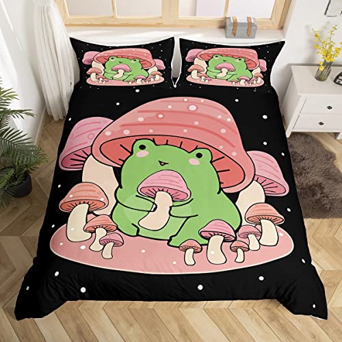 Loussiesd Cartoon Mushroom Frog Bedding Set Cute Frog Duvet Cover for Kids Boys Girls Natural Wild Fungus Comforter Cover Pink Mushroom Quilt Cover Single Size