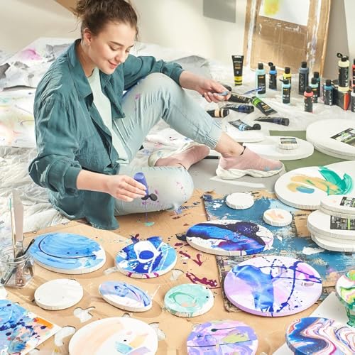 Image of Round Stretched Canvas Board 100% Cotton, Primed - MDF Backed Circle Panel for Acrylic, Oil & Watercolor Painting (4 inch Pack of 4)