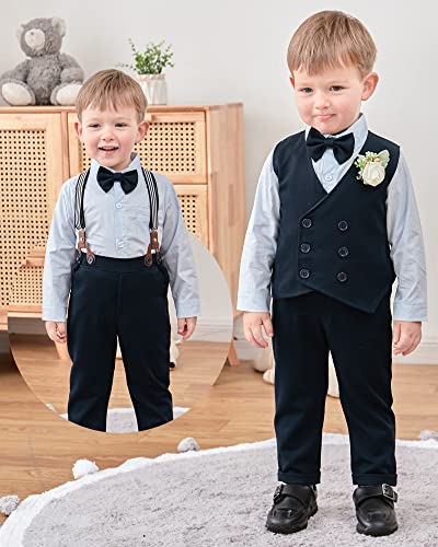 Yallet Toddler Baby Boy Clothes Suit Gentleman Wedding Outfits, Formal Dress Shirt+Bowtie+Vest+Boutonniere+Suspender Pants #TOP2