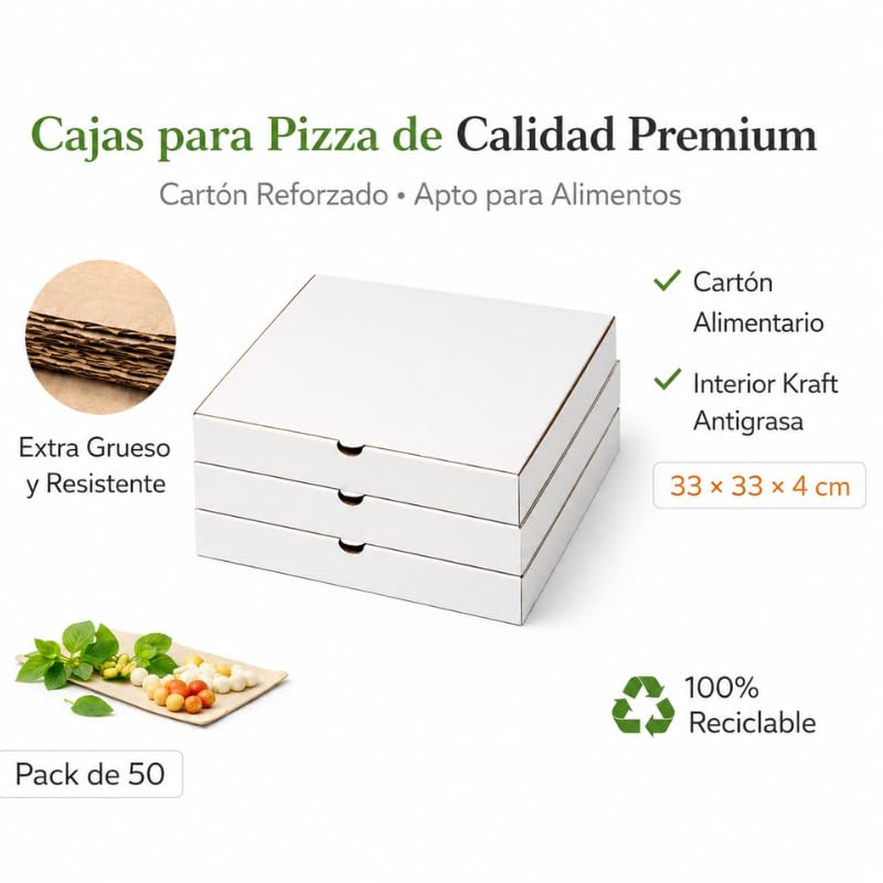 Genérico 50 Cajas para Pizza Blancas 33 x 33 x 4 cm – Cartón Kraft Plegable – Pack de 50