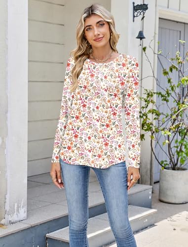 Sherosa Womens Floral Long Sleeve Shirts Crewneck Loose Fit Tunic Tops Business Dressy Casual Blouses2