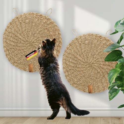 Rohrschneider Kratzmatte rund Katze handgeflochten aus Naturmaterial Seegras | Kratzbrett zum Schutz von Sofa, Teppich und Anderen Möbeln | Katzen Zubehör für Wand und Fußboden | 37 cm | 2er Set