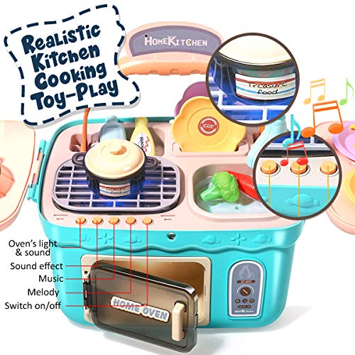 Cheffun Play Kitchen Set toys for Kids - Educational Pretend Play Camping Picnic BBQ Sink Toy Cooking Grill Basket with Musical Light Color Changing Food for Toddlers Age 3 4 5 6 7 Year Old Girls Boys