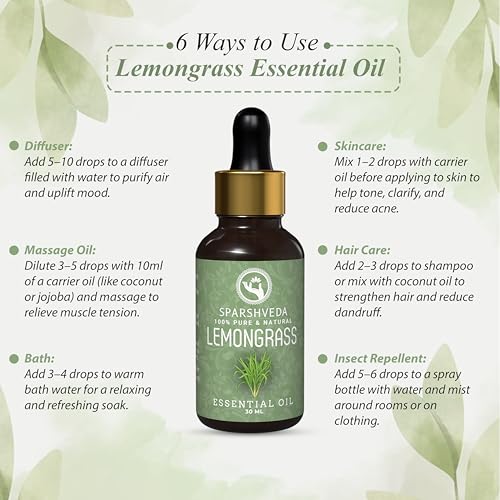 Image of Lemongrass Essential Oil for Aromatherapy, Skin & Hair Care - 100% Pure, Natural & Undiluted Lemongrass Oil for Diffuser, Pain Relief & Home Fragrance - 30ml