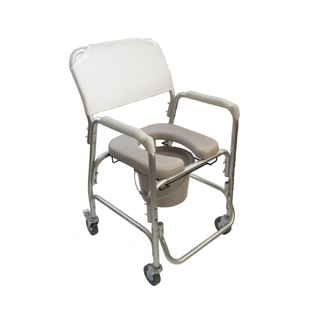 Silla de inodoro de aluminio con ruedas.Acolchada