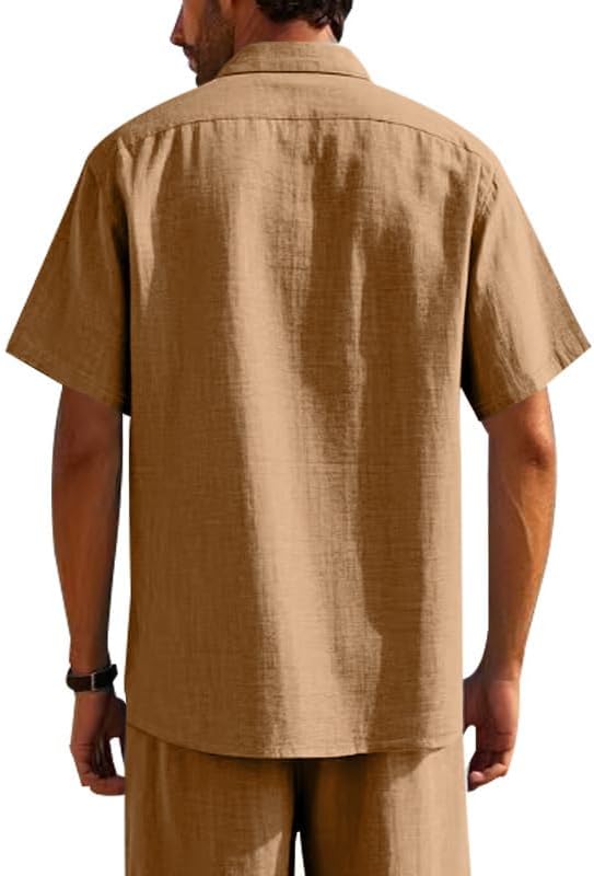 Men's Linen Shirt - Short Sleeve Button Down Collar Solid Casual Shirts with Pocket for Vacation Business - Image 3