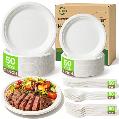 FEHHTO 250PCS Disposable Paper Plates Set and Utensils, Compostable Dinnerware