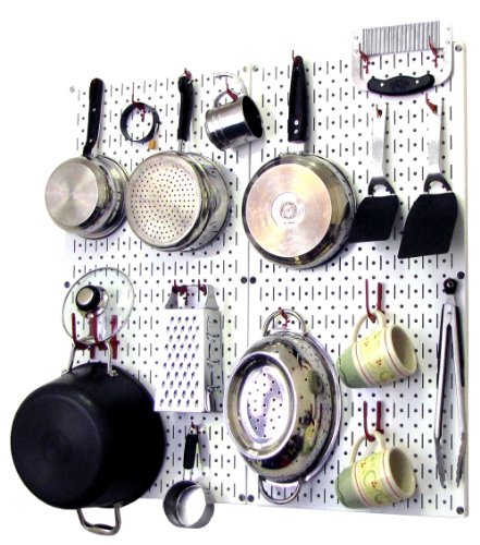 Wall Control 30-KTH-200 WR Kitchen Pegboard Organizer Pots and Pans Pegboard Pack Storage and Organization Kit with White Pegboard and Red Accessories
