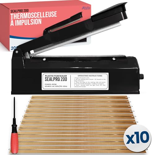 MILYTEC Machine à sceller 200mm – Scelleuse thermique professionnelle pour sacs plastique, aluminium, kraft – Thermoscelleuse avec 8 résistances