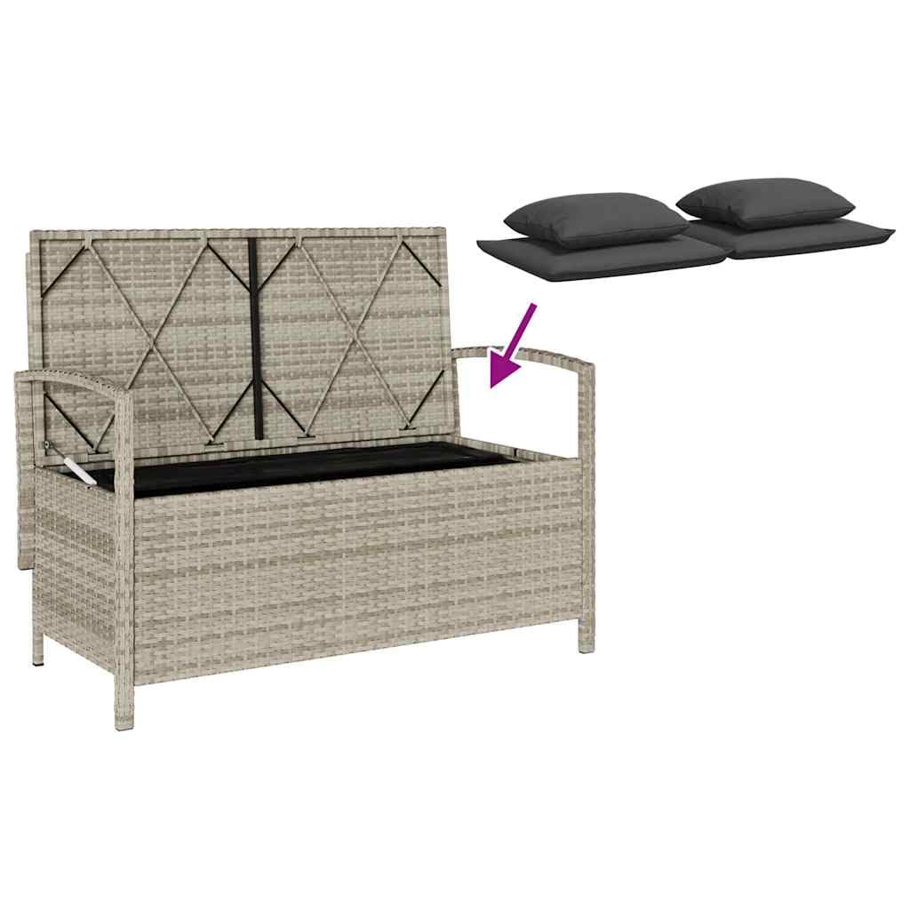 SYDE Banco de Jardín con Almacenaje, Ratán Sintético, Gris Claro | Asiento Exterior con Cojín Desenfundable, Bolsa Impermeable, Resorte de Gas, Lavable