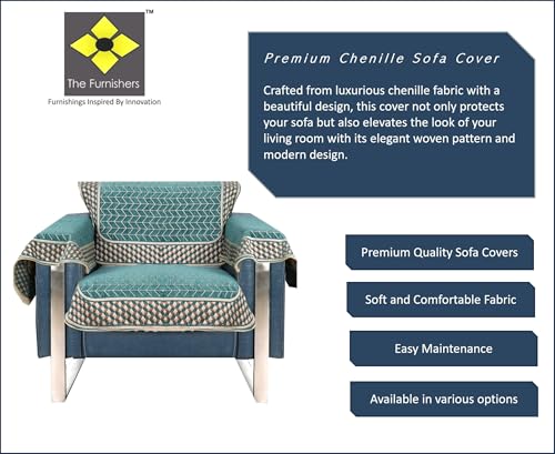 Image of Premium Chenille Woven Anti-Slip 1 Seater Sofa Cover with Arm Rest | L-Shape Sofa Seat Protector for Living Room | Durable & Stylish Slipcover - Turquoise - 3D