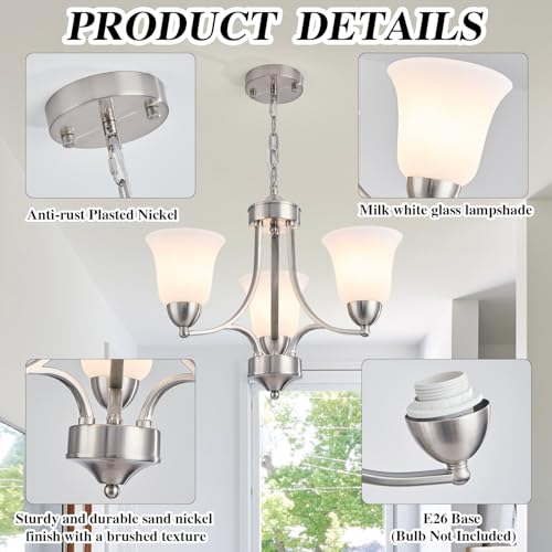 Image of 3-Lights Farmhouse Chandelier Brushed Nickel Modern Dining Room Light Fixture Silver Adjustable Ceiling Hanging Pendent Lighting with Frosted Glass for Kitchen Island, Living Room,Foyer