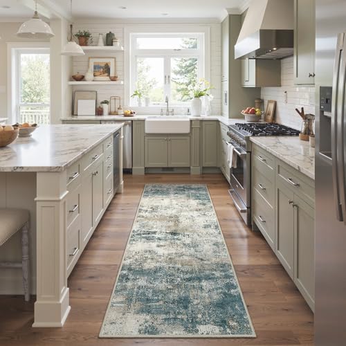 Image of BEIMO Runner Rug for Hallway Kitchen, 2'6 inchx6' Machine Washable Runners Rug for Entryway, Soft Modern Abstract Throw Rugs, Low Pile Floor Cover with Non Slip Backing, Navy Beige