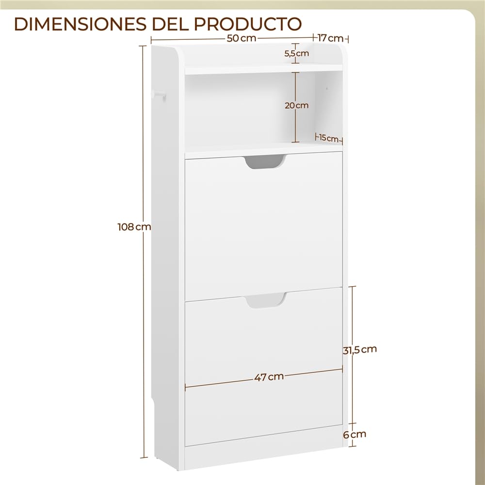 Yaheetech Mueble Zapatero Estrecho con 4 Solapas 100 x 17 x 108.5 cm Blanco | Gran Capacidad con Ganchos y Compartimento Abierto Mecanismo de Apertura Suave para Pasillos Estrechos, Entradas o Vestíbulos