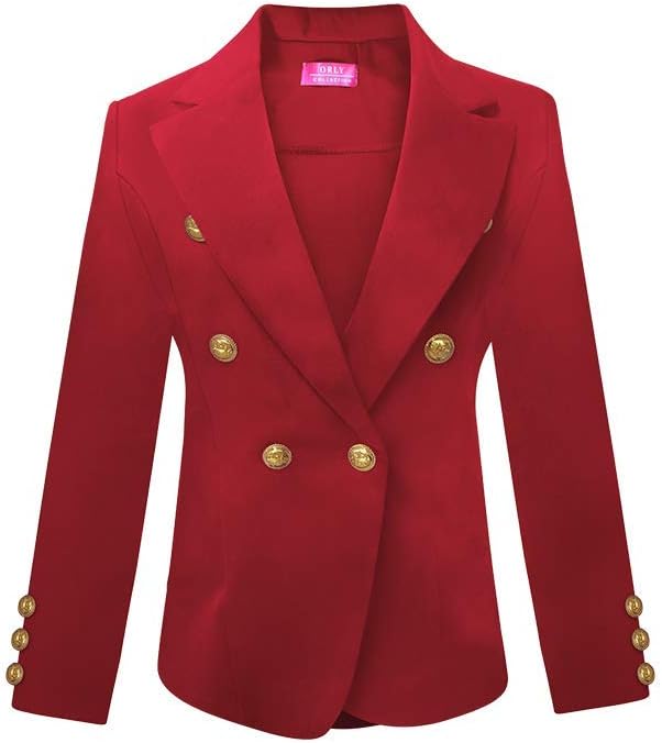 OrlyCollection Womens Double Breasted Casual Work Office Blazer Jacket- with Gold Button on The Sleeves Made in USA (1x, Red)