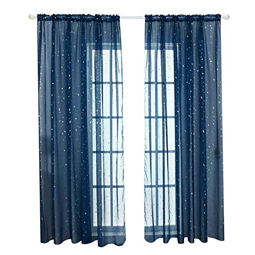 ECOSWAY Romantique Tulle Rideau Fenêtre Écran avec Sequin Étoile Décor pour Séjour - Bleu Foncé, 1m*2m