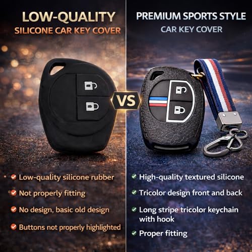 Image of DETACHI Car Key Cover Silicone with Metal Keychain Hook Holder Compatible with Victoris, Baleno, Grand Vitara, XL6, Ertiga, Brezza, Dzire, Glanza, Urban Cruiser Hyryder,2 Button Key Remote.