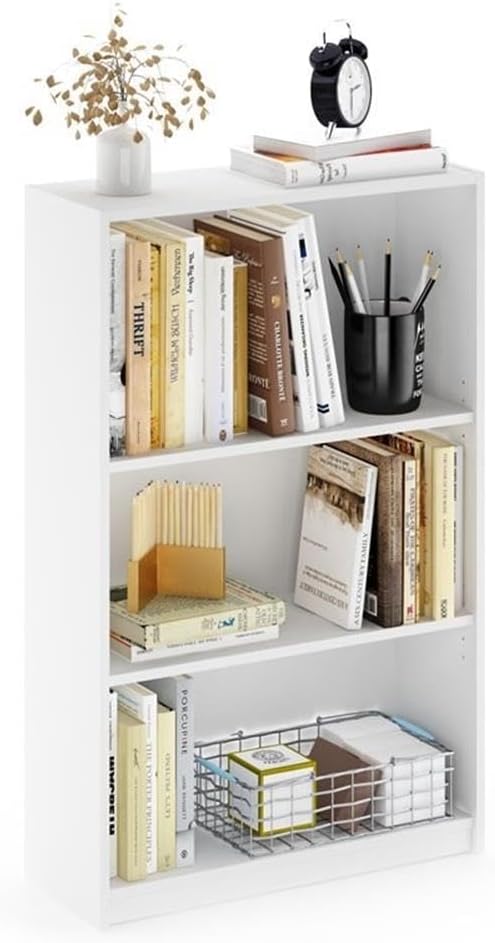 Pemberly Row Contemporary Wood 3-Tier Adjustable Shelf Bookcase, Engineered Wood, White Finish, 40.3" H x 24.5" W x 9.5" D, Durable Open Shelves, Space-Saving Design for Home or Office Storage and