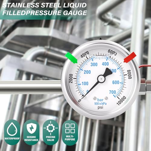 Image of 0-10000PSI Stainless Steel Liquid Filled Pressure Gauge, 2.5 inch Dial Size, 1 /4 inch NPT Back Mount, for Tube, Water Pump, Gas, Liquid, Pressure Test (with Range Mark Pointer)