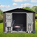 Zevemomo 10 x 8 ft Outdoor Storage Shed, All Weather Metal Sheds with Metal Foundation & 2 Lockable Doors, Tool Shed Outdoor Storage for Garden, Patio, Backyard, Lawn, Brown and Black