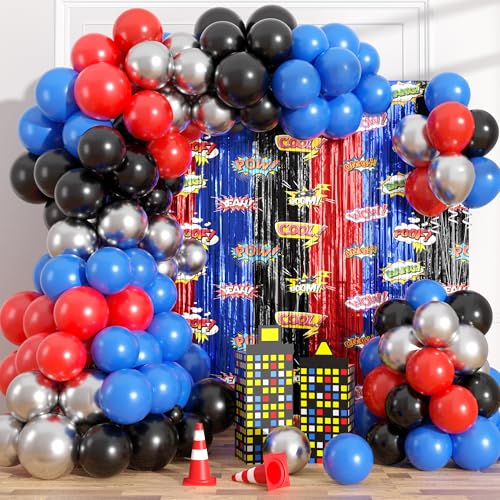 Image of Black Red Blue Balloon Garland Arch Kit Birthday Party Decorations, Hero Foil Fringe Curtains Backdrop Tinsel Streamer Photo Booth Props for Hero Party Decor Supplies Favors
