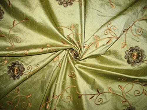 Tissu Dupioni en soie vert olive au mètre broderie brune ameublement couture