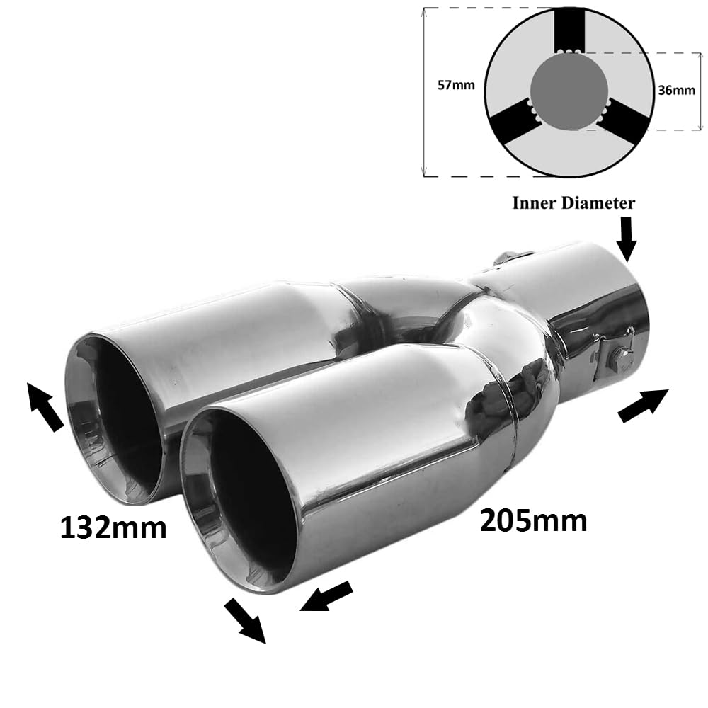 Embout d'échappement double tube double rond en acier inoxydable - Pot d'échappement sport - Embout d'échappement - Embout d'échappement universel - Chromé - Inoxydable