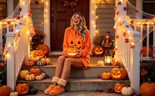Image of Roshop Halloween Pajama Women's Pumpkin Top & Shorts Loungewear Set