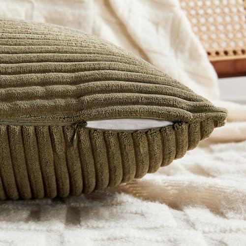 Image of Fancy Homi 2 Packs Olive Green Decorative Throw Pillow Covers 18x18 Inch for Living Room Couch Bed Sofa, Rustic Farmhouse Boho Home Decor, Soft Corss Corduroy Patchwork Textured Cushion Case 45x45 cm