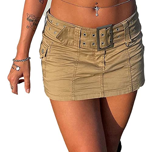 Owegvia Y2k Mini jupe vintage en jean taille basse avec poches cargo et ceinture pour femme, kaki, 40 Cover