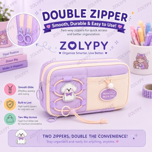 Image of Kawaii Cute Aesthetic Pencil Case 3 Layer 6 Compartment Large Capacity for Students | Pencil Pouch with Zipper | Cartoon Stationery Organizer Bag for Kids, Pencil Case for Girls & Boys (Nice Purple)