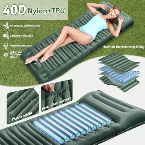 JEMULICE Isomatte Camping, 12CM Verdicktes Aufblasbare Matratze Kleines Packmaß mit Fußpresspumpe, Ultraleicht Wasserdicht Luftmatratze Outdoor, Anti-Ripstop Schlafmatte für Wandern und Strand