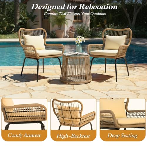 Image of DEVOKO Transform Your Outdoor Space with Our 3 Piece Patio Rope Furniture Set - Perfect for Terrace, Garden, Balcony, Porch, Deck and Yard (Beige and Cream)