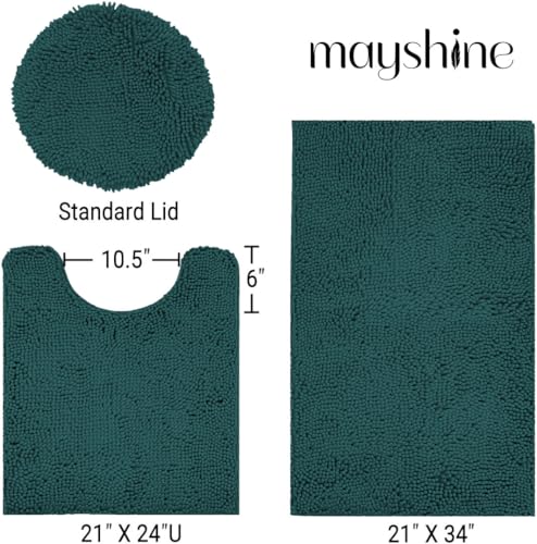 Image of Standard 3pc Set Chenille Bath Mats, Includes 21 inchx24 inch U-Shaped Contour Toilet Rug, 21 inchx34 inch Inches Bathmat and 1 Toilet Lid Cover, Plush Absorbent Bath Mats Quick Dry, Teal
