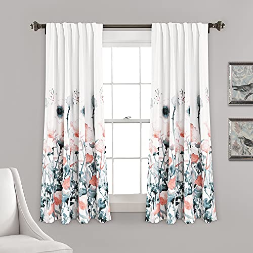Lush Decor Zuri Flora Room Darkening Window Curtain Panel Pair, 63" Long x 52" Wide, Blue & Coral, W 52" x L 63" (2 Panels)
