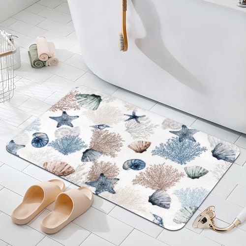 APROPHIC Tapis de salle de bain motif océan avec étoiles de mer, corail, coquillages, tapis de bain absorbant, antidérapant et lavable, convient pour les salles de...