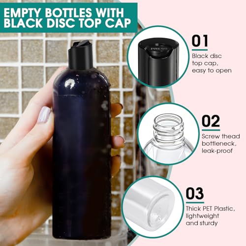 Image of 6 Pcs 16 oz Clear Plastic Empty Bottles with Black Disc Top Caps, Squeezable Refillable Shampoo Bottles Travel Cosmetic Containers for Lotions, Body Soap Cream