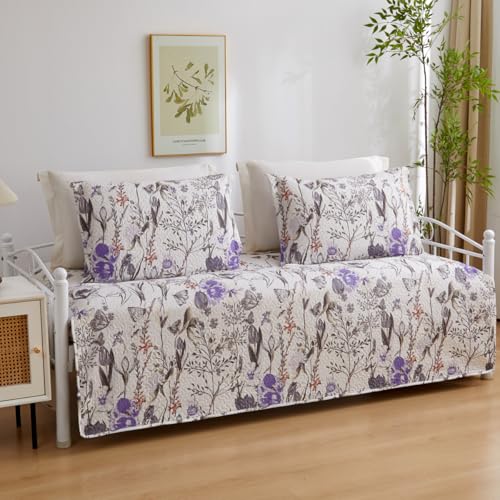 Image of Jarson 3 Pcs Floral Daybed Cover Set Twin Size Butterfly Tulip Flower Sofa Cover Bedding Sets Double Side Bed Set for All Season Botanical Pattern Daybed Quilt Set with Pillow Shams