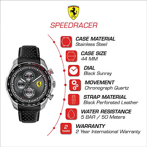 Ferrari Scuderia Speedracer Quartz Stainless Steel And Black Leather Strap With Grey Leather Details Casual Watch, Color: Black (Model: 0830648) #TOP1