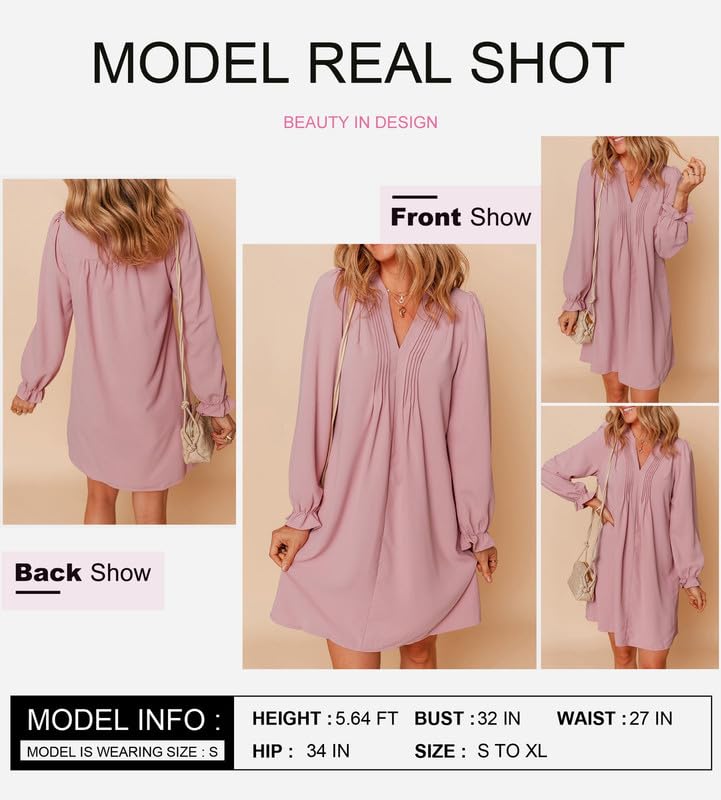 Image of Dokotoo Womens Casual Dress A-Line Ruffle Sleeve V Neck Midi Dress 2025 Fashion Pleated Flowy Sundress Loose Shirt Dresses