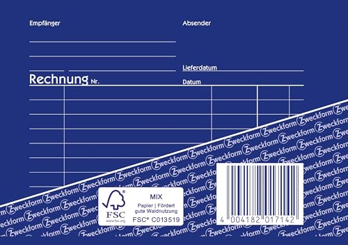 AVERY Zweckform 1714-5 Rechnung (A6 quer, 2x40 Blatt, selbstdurchschreibend mit farbigem Durchschlag, mit Netto- und Bruttobetrag, MwSt. uvm, speziell für Österreich) 5er-Pack, weiß/gelb, Blau
