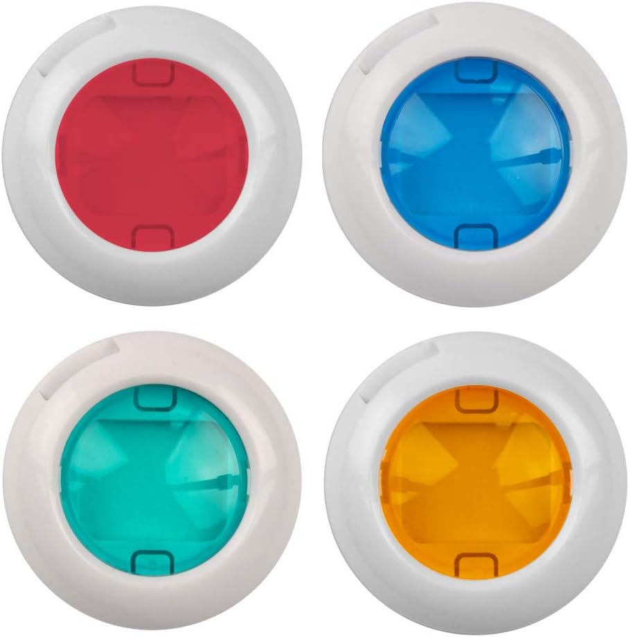 Four circular color filters in red, blue, green, and orange