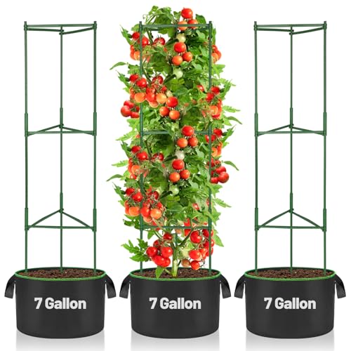 Image of ANPHSIN Sturdy Triangle Tomato Cage with Movable 7 Gal Grow Bags, 3 Sets | 47'' Plants Garden Trellis Planters, Support for Indoor Outdoor Beans, Peppers, Eggplants, Climbing Vegetables