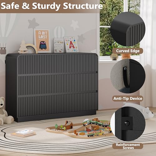 Image of BORNOON Dresser for Bedroom with 6 Drawers, Fluted Chest of Drawers with Round Curved Corner, Hidden Handles, Modern Wood Storage Organizer for Bedroom, Nursery, Living Room