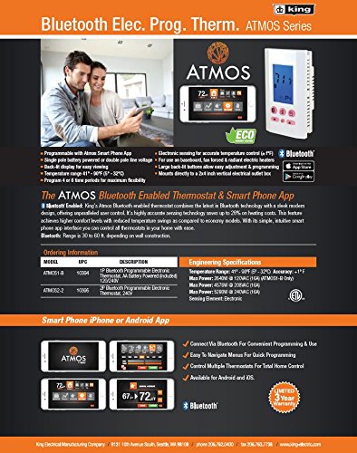 King Electric Atmos1-B Single Pole Programmable Bluetooth Thermostat, White #TOP2