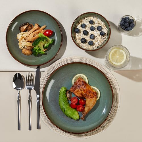 Image of Pokini Stoneware Dinnerware Sets Service for 12, 36 pcs Reactive Glaze Plates and Bowls Sets, Handmade Ceramic Dish Set, Highly Chip and Crack Resistant Modern Plate Set, Brown Green