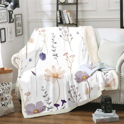 Homewish Couverture Fleurie Aquarelle 75x100cm, Plaid Canape Fleur Beige Prune pour Fille Femme Adulte, Couverture Polaire Floral Moderne Minimaliste, Jetés...