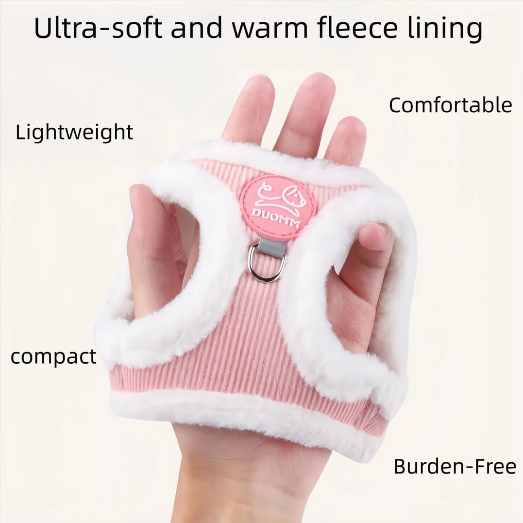 Dog Harness and Leash Set-No Pull No Choke Step-in Pet Harness for Cold Weather Lightweight Adjustable Cat Harness Warm Plush Puppy Vest with Hook & Loop Fastener Buckles D-Rings-Lightpink-M