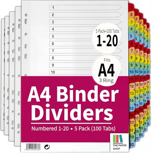 Binder Dividers with Tabs 1-20 Numbered – A4 (5 Pack) | Dividers for 3 Ring Binder | Numbered Tab Dividers for Office, School & Home Organization - The Paper Shop
