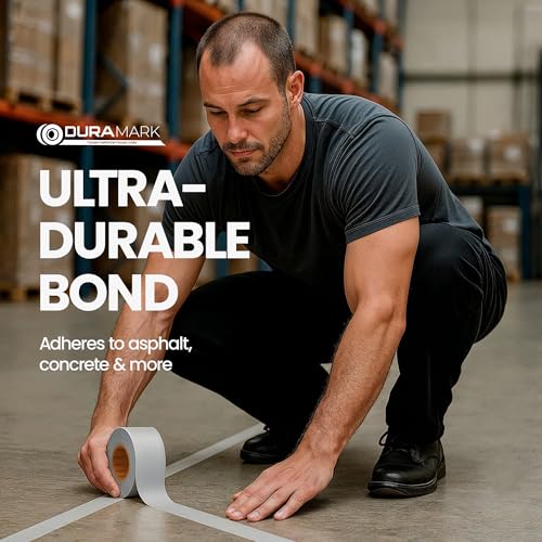 Image of DuraMark EC700 Floor Marking Tape for Concrete and Pavement | Industrial Marking Tape for Warehouses | Long-Lasting | High Durability, White, 4 Inches by 36 Feet